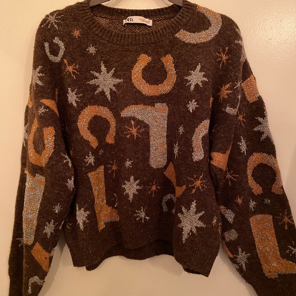 ZARA Western Theme Brown Lurex Sweater - Picture 4 of 10
